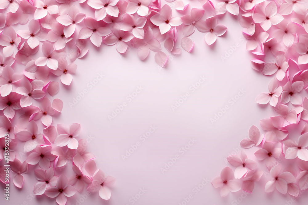 Pink heart made of sakura flowers on a pink background. top view, copy space. spring wallpaper Pink heart made of sakura flowers on a pink background. top view, copy space. spring wallpaper