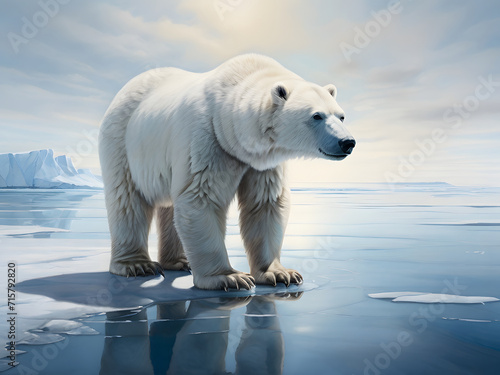 A lone polar bear, standing on a vast expanse of sea ice