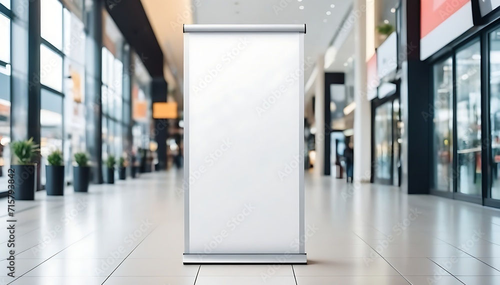 roll up mockup poster stand in an shopping mall banner design with blank empty copy space area created with generative ai