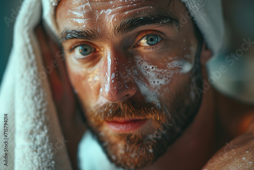 Adult handsome man with a beard and a white towel on head taking care of facial skin, washing face in bathroom and looking at camera