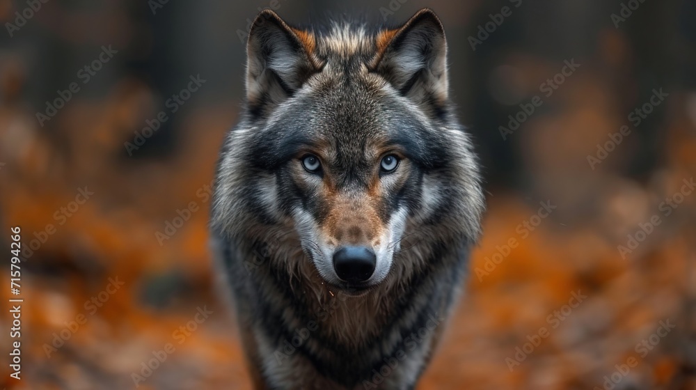 Obraz premium Black wolf walking in a forest close up 