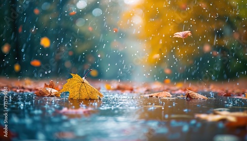 autumn background. autumn leaves on rainy glass texture, bright abstract natural backdrop. concept of fall season. rainy day weather. AI generated illustration photo
