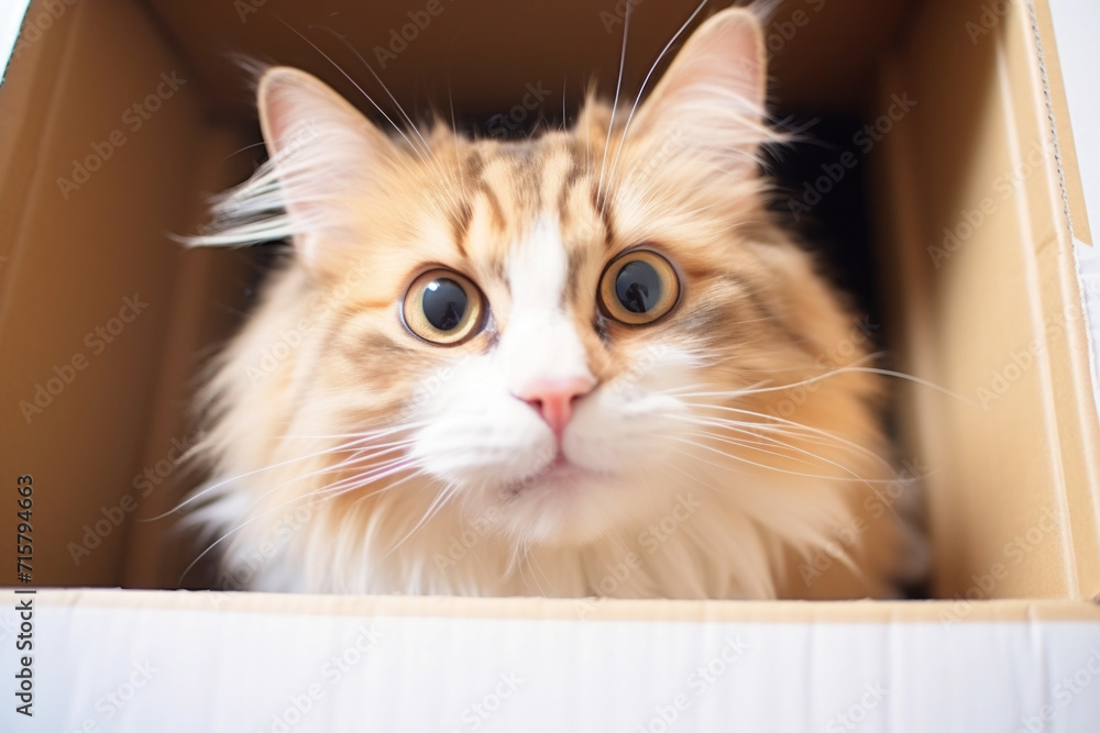 Cute and adorable ginger cat peeking out from a box