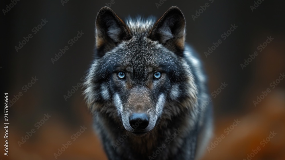 Black wolf walking in a forest close up 