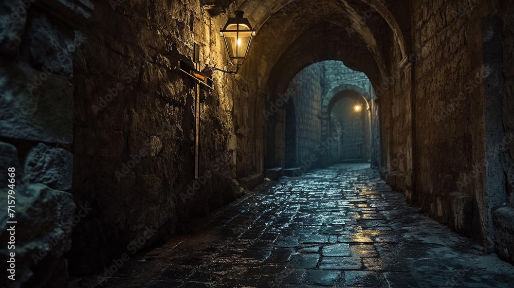 A hauntingly beautiful depiction of the Via Dolorosa, the Way of Sorrows, with atmospheric lighting illuminating the ancient stone path and the Stations of the Cross. The visual na