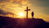 A contemplative scene featuring a lone figure at the base of a rugged wooden cross, silhouetted against the warm hues of a sunset. The emotive atmosphere captures the solemnity and
