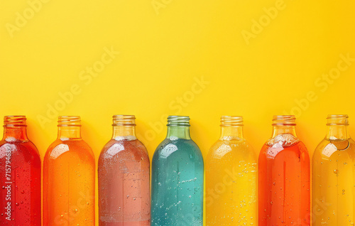 Transparent bottles filled with colorful liquids on yellow.