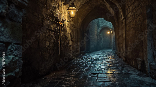 A hauntingly beautiful depiction of the Via Dolorosa, the Way of Sorrows, with atmospheric lighting illuminating the ancient stone path and the Stations of the Cross. The visual na