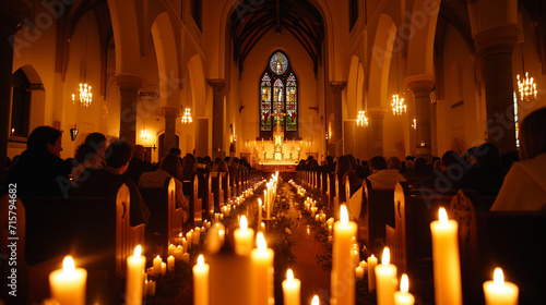 A church interior adorned with lit candles, where congregants gather for a Good Friday service. The soft glow of the candles and the solemn expressions create a scene of collective