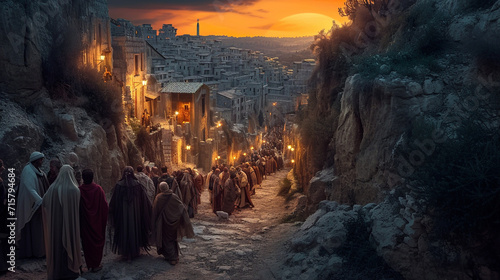 A hauntingly beautiful depiction of the Via Dolorosa, the Way of Sorrows, with atmospheric lighting illuminating the ancient stone path and the Stations of the Cross. The visual na photo