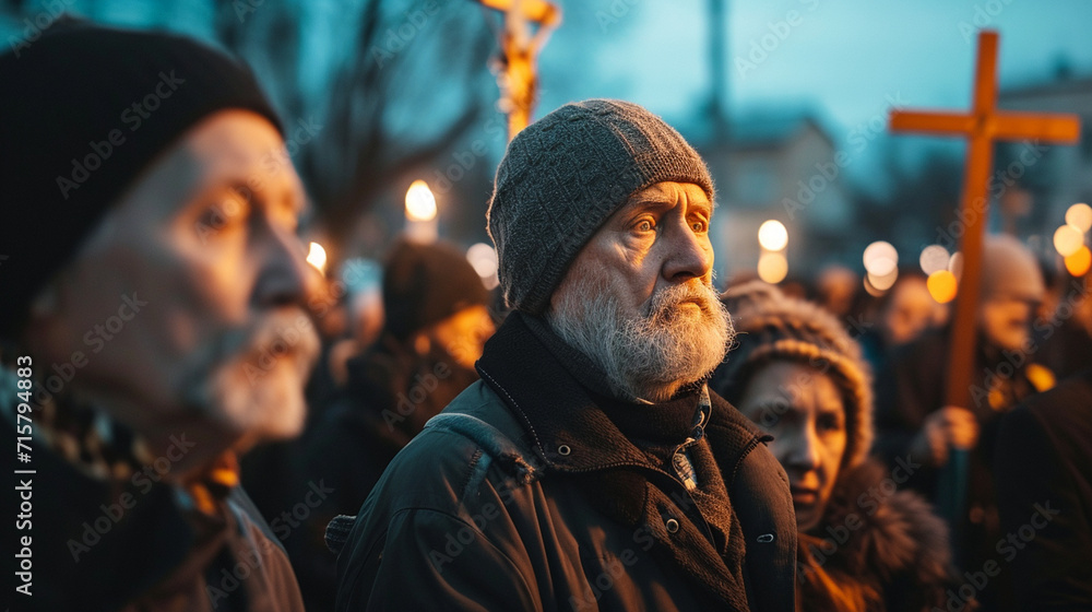 A poignant image of a community gathering for a Good Friday procession, with participants bearing crosses and symbols of mourning. The unity and shared somberness create a powerful