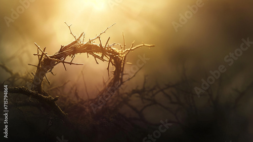 An ethereal depiction of the Crown of Thorns suspended in the air, surrounded by a soft glow. The surreal composition adds a layer of symbolism to the visual narrative of Good Frid