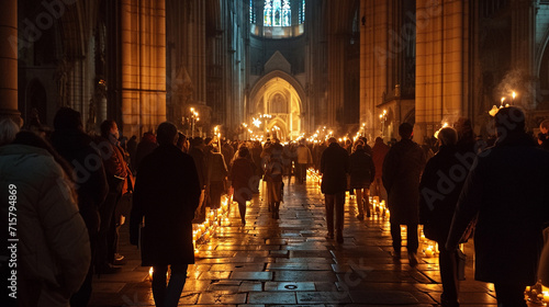 A procession of people carrying lit candles through a medieval cathedral, symbolizing the sorrowful yet hopeful journey of Good Friday. The play of light within the grand architect