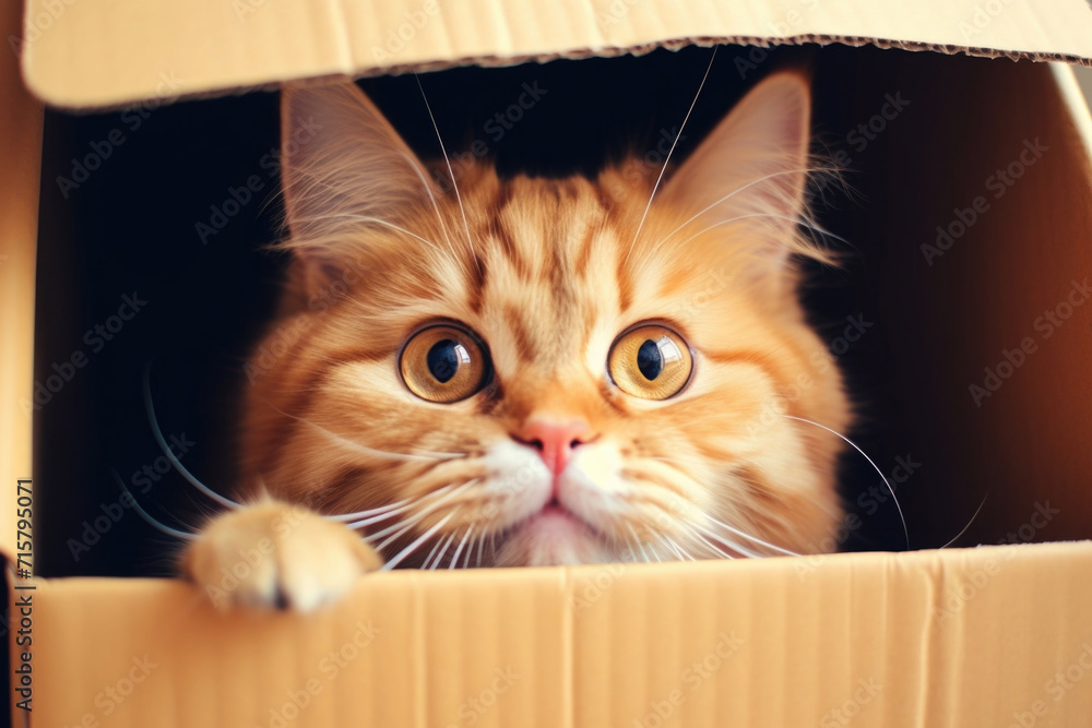 Cute and adorable ginger cat peeking out from a box Cute and adorable ginger cat peeking out from a box