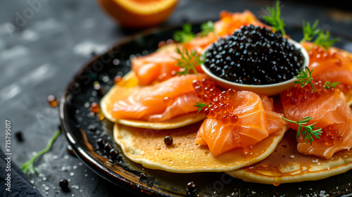 Blini with smoked salmon and caviar, thin pancakes, luxurious toppings