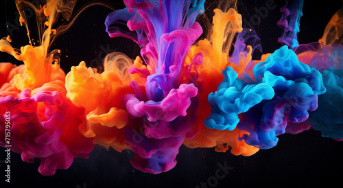 Holiday concept of Multicolor paint ink power explosion effect abstract background, vibrant color explosion on dark background