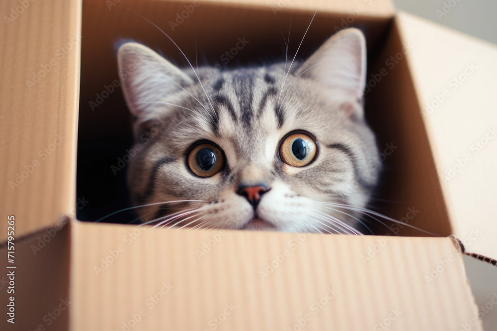 Cute and adorable tabby cat peeking out from a box Cute and adorable tabby cat peeking out from a box