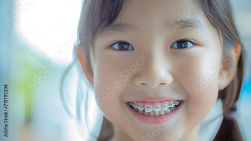 Portrait of a happy smile of a little asian girl with healthy white teeth with metal braces. Pediatric dentistry concept. copy space photo