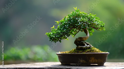 bonsai tree ,  a symbol of ancient, on a table On the right side, blurred background