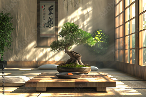 Meditation room with a woody table with a central bonsai  pillows around   emphasizing peace and harmony in the room  sunrise