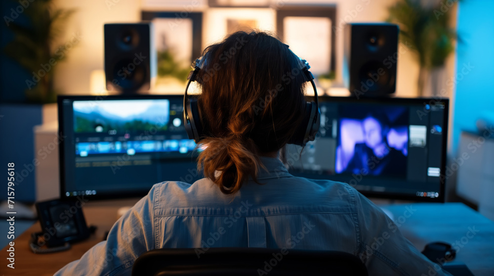 A woman focused on video editing on double screen setup A woman focused on video editing on double screen setup
