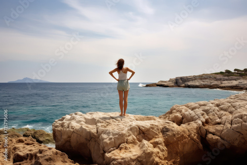 A woman standing on rocks and looking at the ocean.