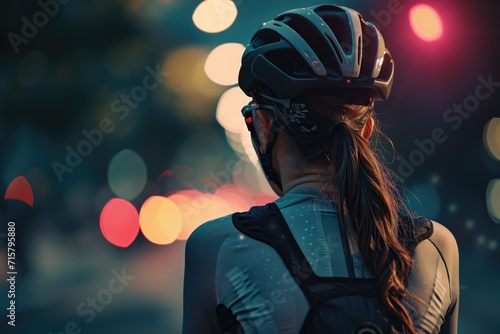 female cyclist wearing cycling jersey and helmet racing against other athletes