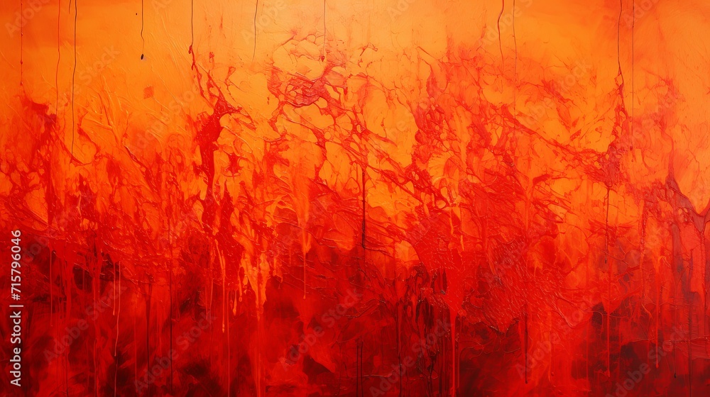 Fiery sunset crimson and orange acrylic splashes dripp art
