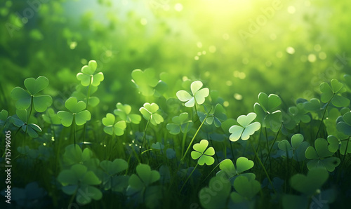 Four Leaf Clover Field, Shamrocks, Lucky Day, Good Luck Charm, Green Growth, Spring and Summer, St. Patrick's Day, Background Wallpaper, Generative AI 