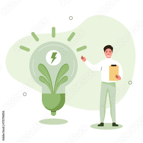 
Environmental protection illustration. The character studies new methods of mining and using green energy. Vector illustration.