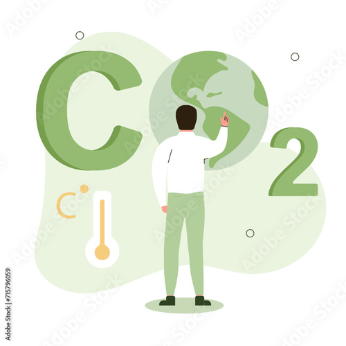 
Environmental protection illustration. Сharacter points to an increase in temperature and the impact of CO2 emissions on the planet. Vector illustration.
