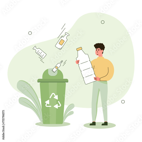 
Environmental protection illustration. Сharacter sorts plastic bottles into a recycling bin to reduce the harmful impact on the planet. Vector illustration.