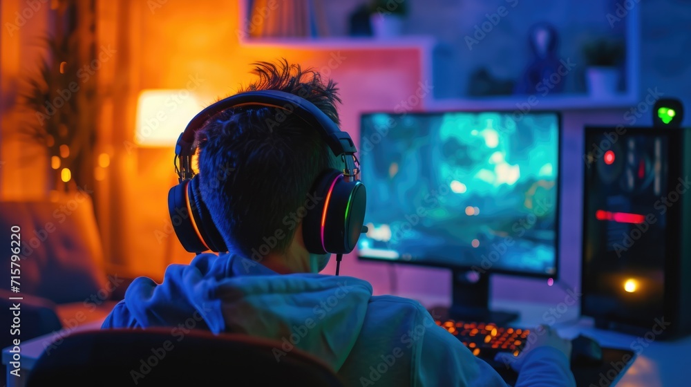 Back view of Gamer playing online video game on his powerful personal computer at home. Back view of Gamer playing online video game on his powerful personal computer at home.