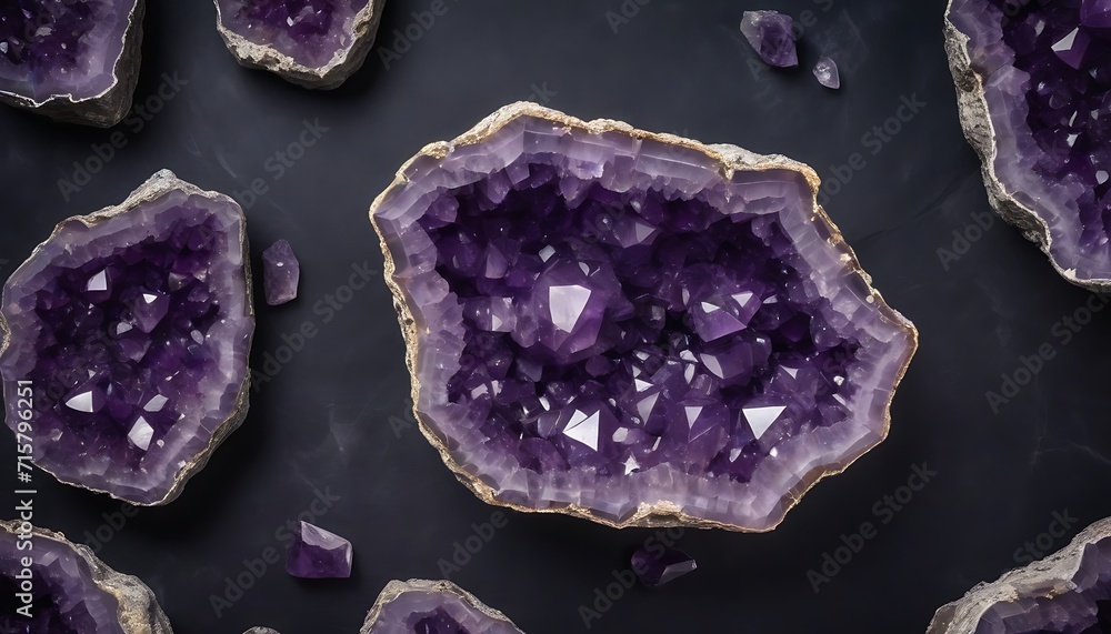 Areal view of amethyst geodes on a black background Areal view of amethyst geodes on a black background