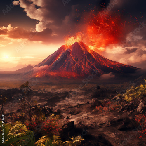 volcano with the red sky