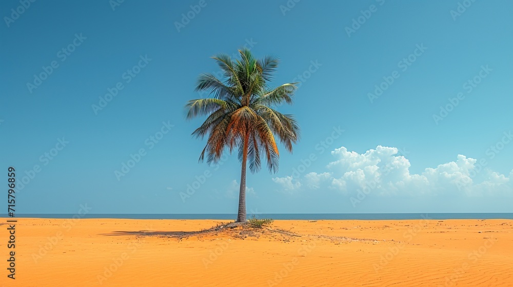 Create a minimalist composition of a lone palm tree in a vast desert, highlighting solitude and survival. This concept provides a unique take on the classic oasis theme.