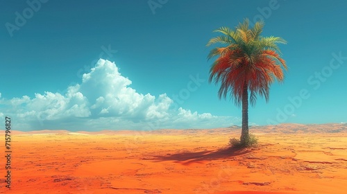 Create a minimalist composition of a lone palm tree in a vast desert  highlighting solitude and survival. This concept provides a unique take on the classic oasis theme.