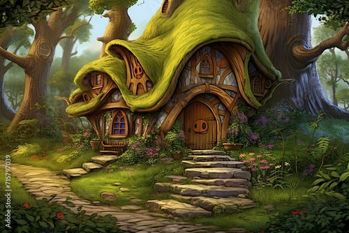 Illustration of a whimsical home resembling an elf or hobbit house. Generative AI photo