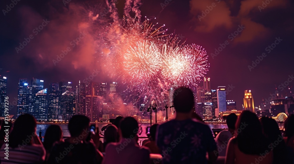 Fireworks Display Against City Skyline