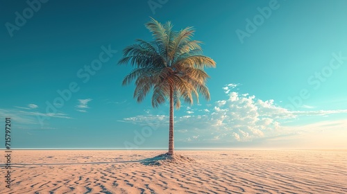 Create a minimalist composition of a lone palm tree in a vast desert  highlighting solitude and survival. This concept provides a unique take on the classic oasis theme.