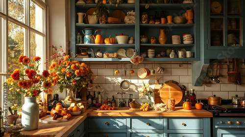 Autumnal kitchen decor in classic English style for a warm and cozy atmosphere, perfect for family gatherings and Thanksgiving