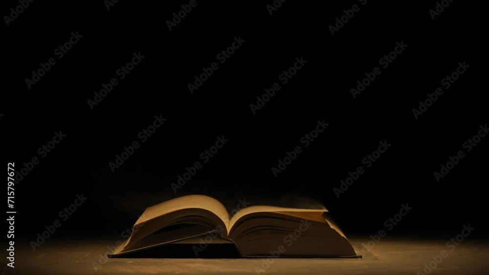 custom made wallpaper toronto digitalStudio shot of old retro hardcover book on dark background in warm light. Old vintage book laying opened with dust over pages.