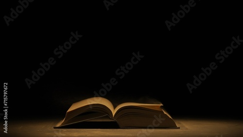 Wallpaper Mural Studio shot of old retro hardcover book on dark background in warm light. Old vintage book laying opened with dust over pages. Torontodigital.ca