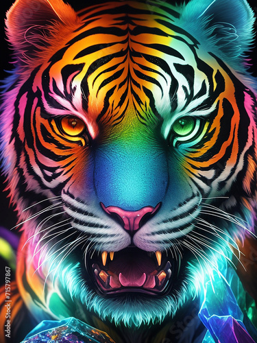 A very nice tiger head in neon color Generative AI