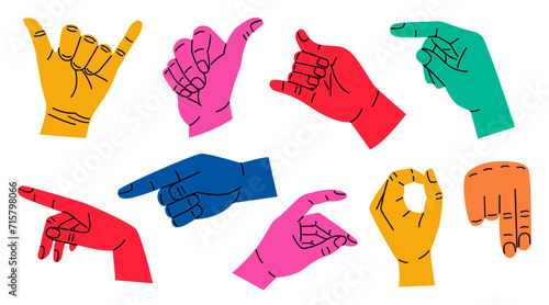 Set of colorful hands with different gestures. Modern trendy flat cartoon style. Hand drawn vector illustration. Hands show different signs and symbols. Body language for communication