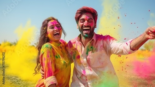 portrait radiant indian couple immersed in holi celebrations  colorful powder adorning joyous smiles.