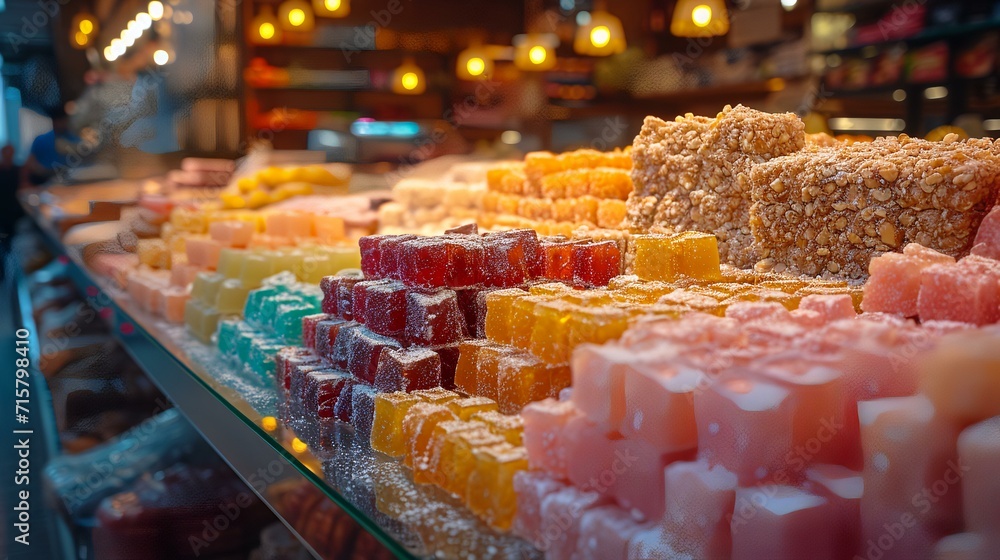 Assortment of different Turkish delights in a shop window in Istanbul, Turkey - obrazy, fototapety, plakaty 