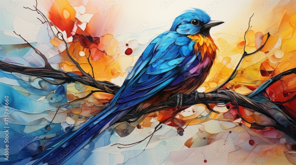 Fototapeta premium Stained glass window background with colorful bird abstract.