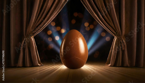Um ovo de chocolate no palco do teatro com luzes de refletores, como estrela de um espetáculo. photo