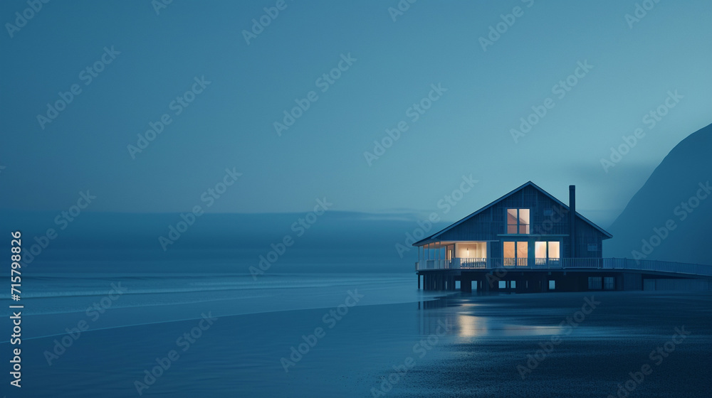 Solitary beach house in a misty environment with ocean and sky Solitary beach house in a misty environment with ocean and sky